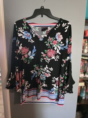 Floral V-Neck Black Women's Top with Striped Hem